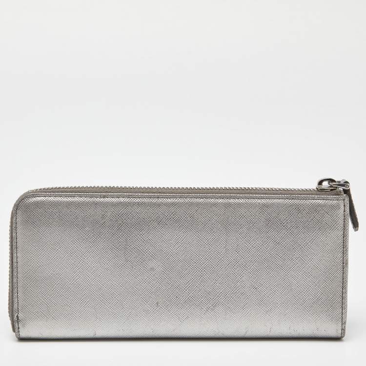 Pre Owned Prada Silver Saffiano Lux Leather Zip Around Wallet