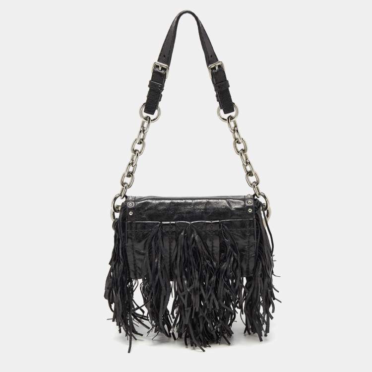 Pre Owned Prada Black Vitello Shine Leather Fringe Shoulder Bag