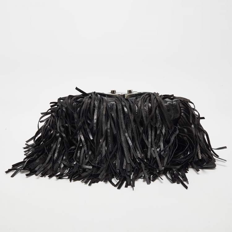 Pre Owned Prada Black Vitello Shine Leather Fringe Shoulder Bag