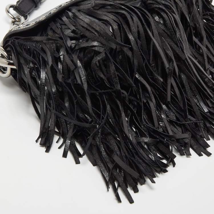 Pre Owned Prada Black Vitello Shine Leather Fringe Shoulder Bag