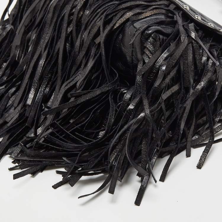 Pre Owned Prada Black Vitello Shine Leather Fringe Shoulder Bag