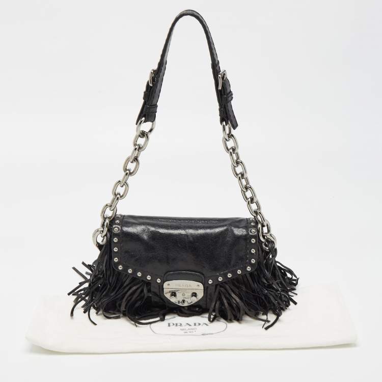 Pre Owned Prada Black Vitello Shine Leather Fringe Shoulder Bag