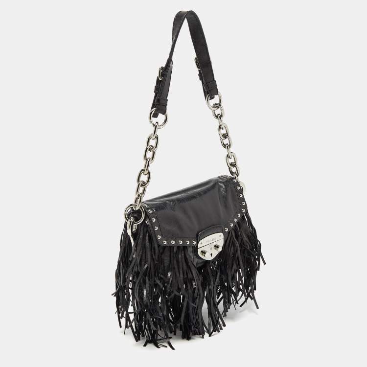 Pre Owned Prada Black Vitello Shine Leather Fringe Shoulder Bag