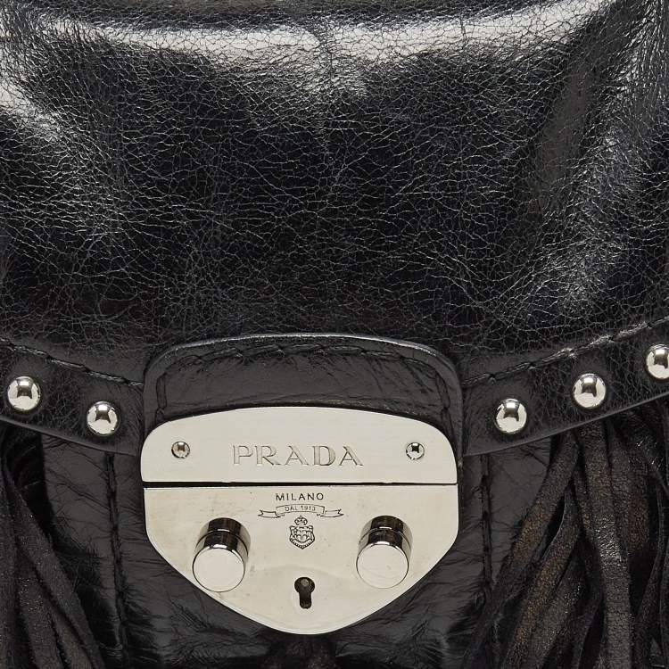 Pre Owned Prada Black Vitello Shine Leather Fringe Shoulder Bag