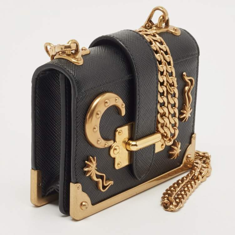 Pre Owned Prada Black Saffiano Leather Cahier Wallet on Chain