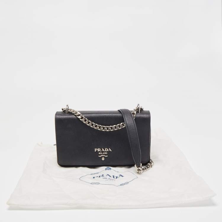 Pre Owned Prada Black Saffiano Leather and Nylon Logo Flap Shoulder Bag