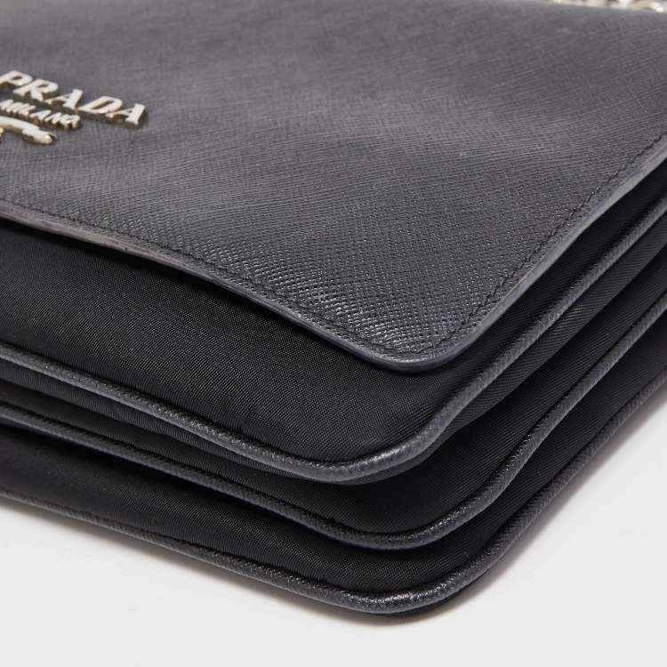 Pre Owned Prada Black Saffiano Leather and Nylon Logo Flap Shoulder Bag