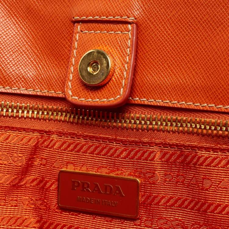 Pre Owned Prada White/Orange Perforated Saffiano Leather Large Gardener's Tote