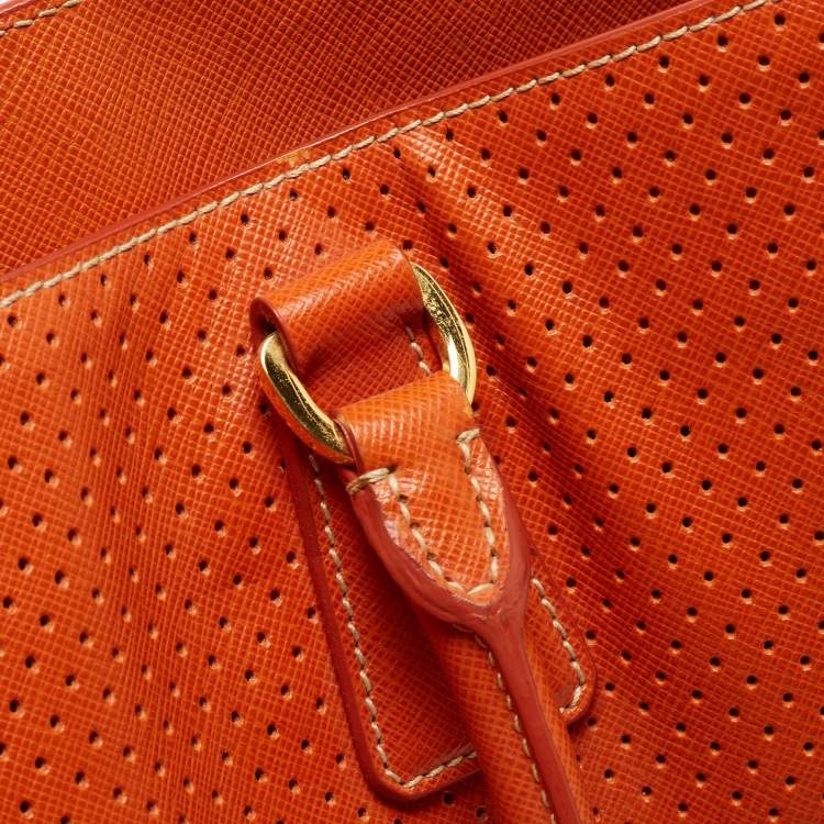 Pre Owned Prada White/Orange Perforated Saffiano Leather Large Gardener's Tote