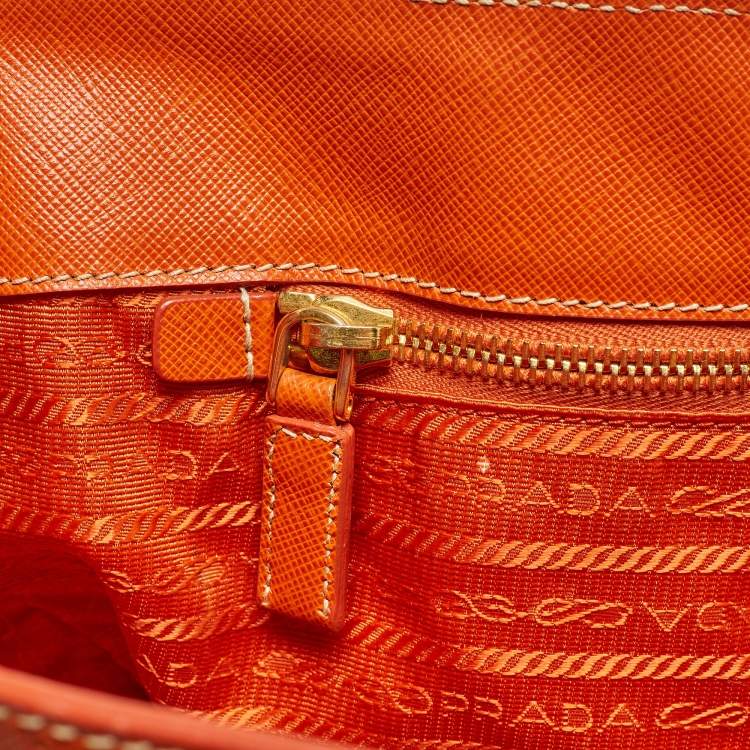 Pre Owned Prada White/Orange Perforated Saffiano Leather Large Gardener's Tote