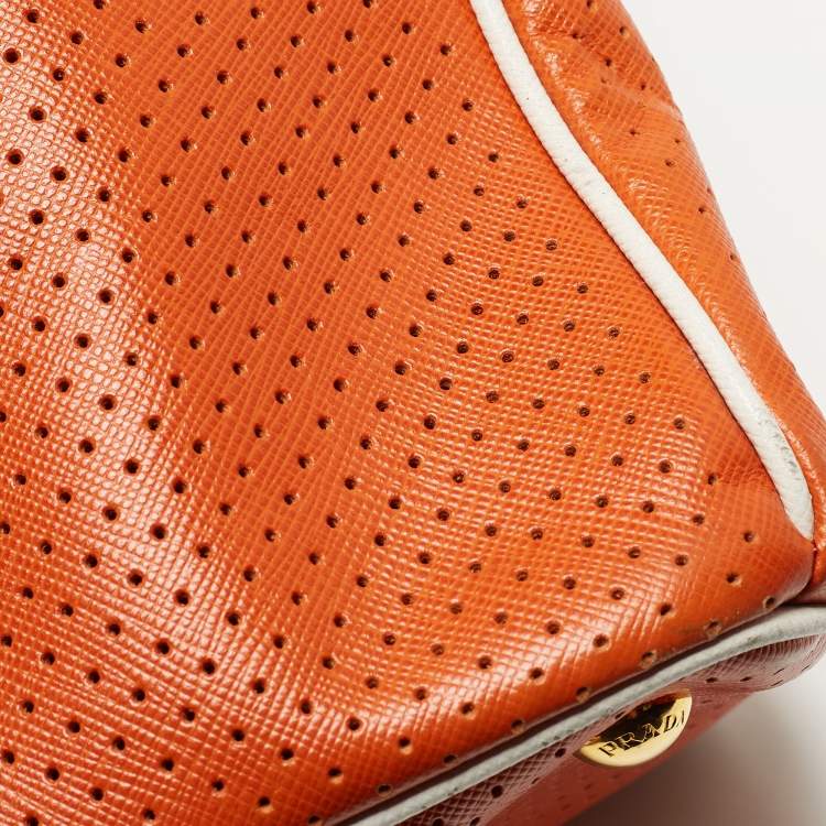 Pre Owned Prada White/Orange Perforated Saffiano Leather Large Gardener's Tote