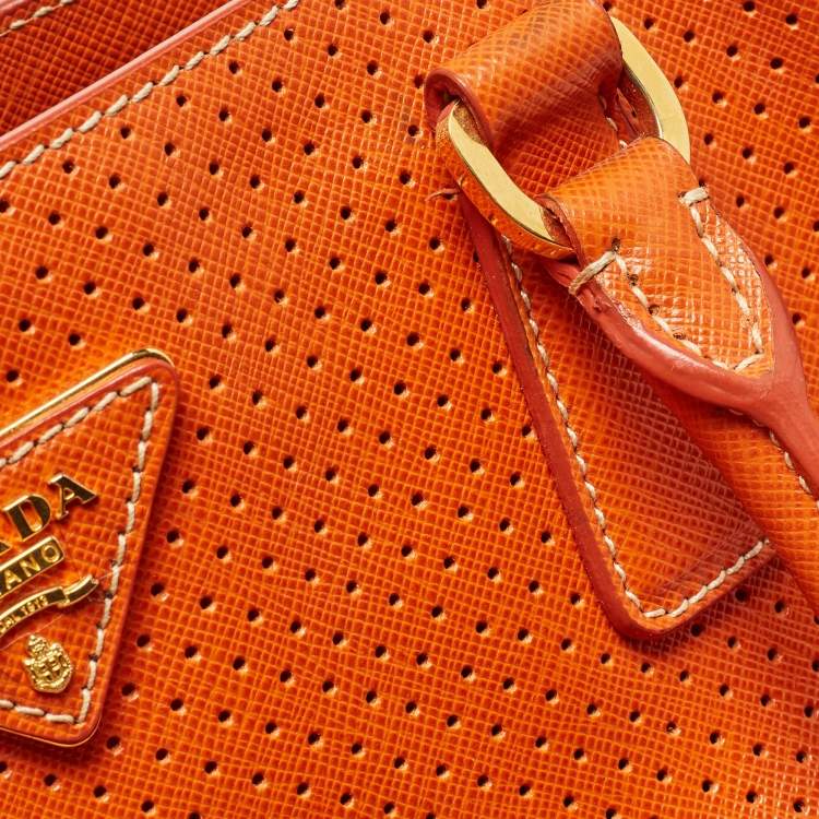Pre Owned Prada White/Orange Perforated Saffiano Leather Large Gardener's Tote