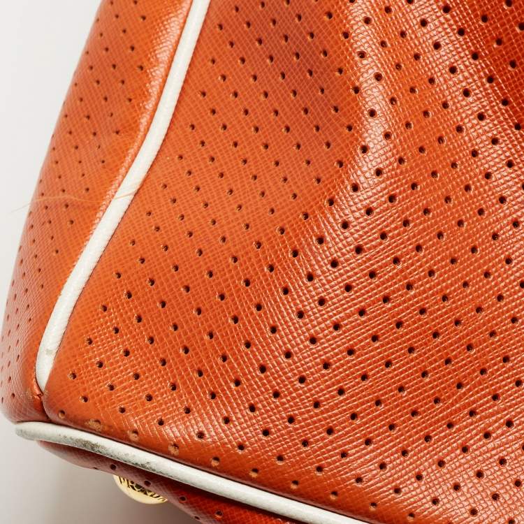 Pre Owned Prada White/Orange Perforated Saffiano Leather Large Gardener's Tote
