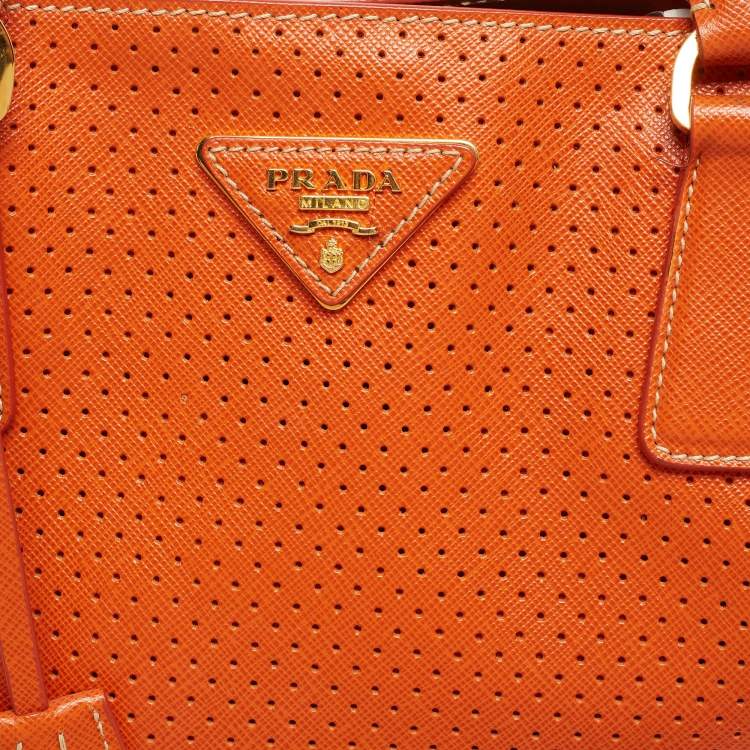 Pre Owned Prada White/Orange Perforated Saffiano Leather Large Gardener's Tote