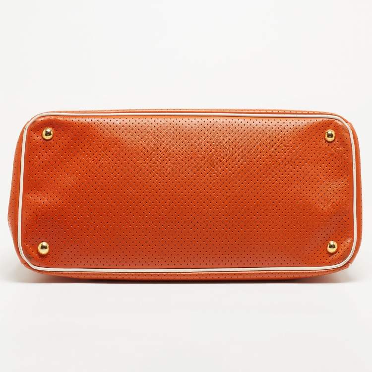 Pre Owned Prada White/Orange Perforated Saffiano Leather Large Gardener's Tote