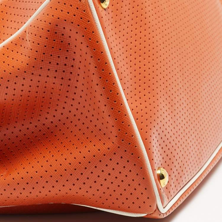 Pre Owned Prada White/Orange Perforated Saffiano Leather Large Gardener's Tote