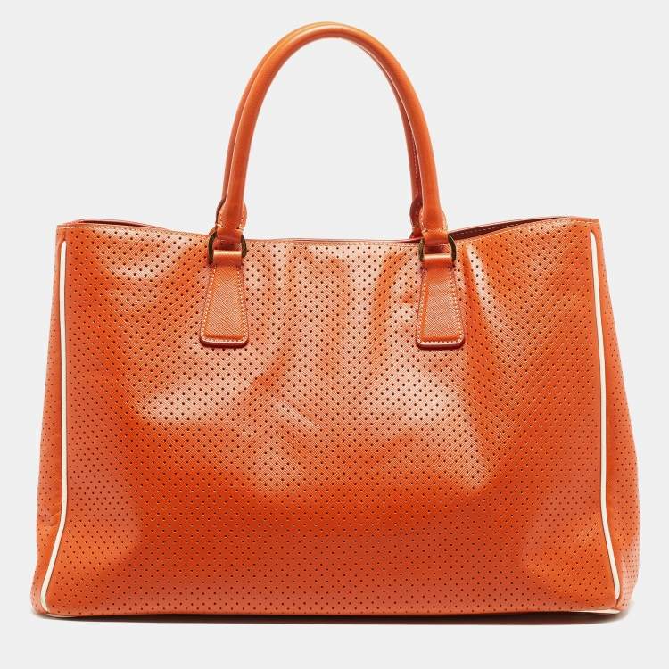 Pre Owned Prada White/Orange Perforated Saffiano Leather Large Gardener's Tote
