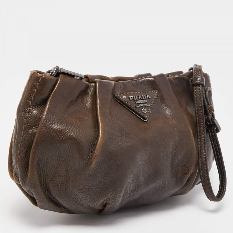 Pre Owned Prada Dark Brown Ruched Leather Wristlet Clutch
