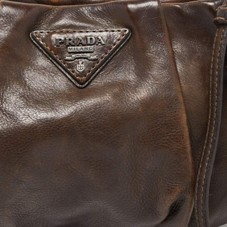 Pre Owned Prada Dark Brown Ruched Leather Wristlet Clutch