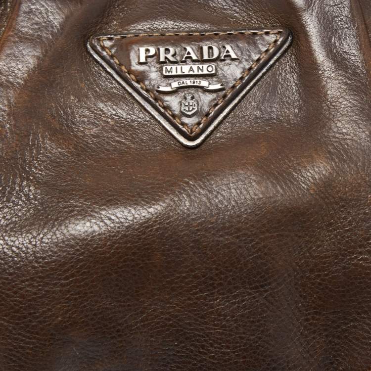 Pre Owned Prada Dark Brown Ruched Leather Wristlet Clutch