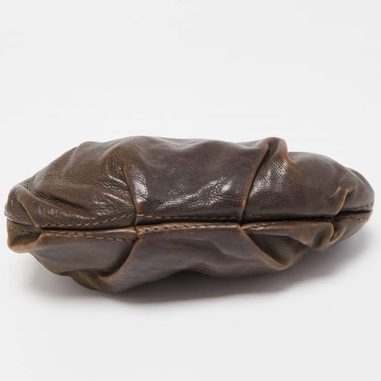 Pre Owned Prada Dark Brown Ruched Leather Wristlet Clutch