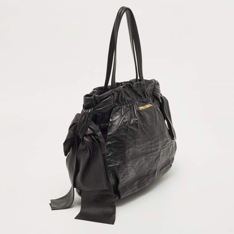 Pre Owned Prada Black Antique Leather Bow Tote
