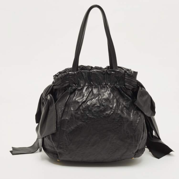 Pre Owned Prada Black Antique Leather Bow Tote