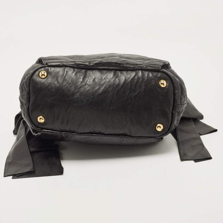 Pre Owned Prada Black Antique Leather Bow Tote