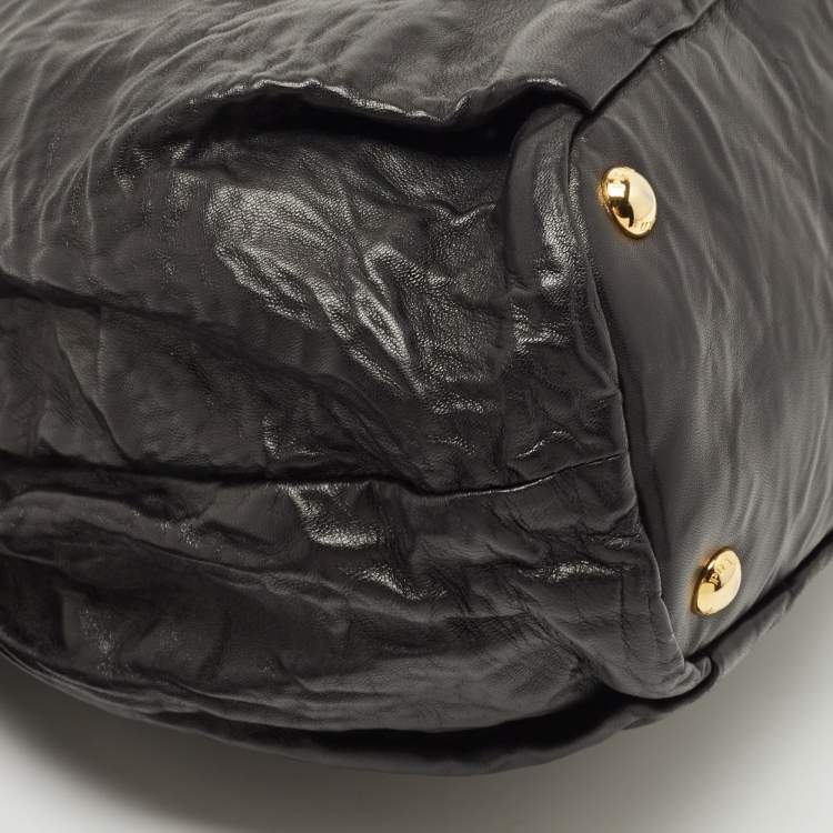 Pre Owned Prada Black Antique Leather Bow Tote