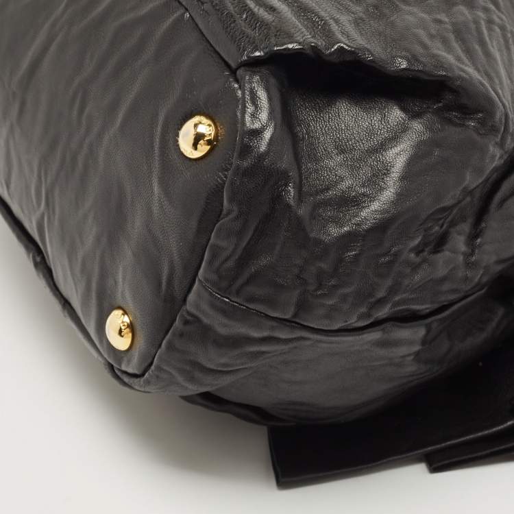 Pre Owned Prada Black Antique Leather Bow Tote