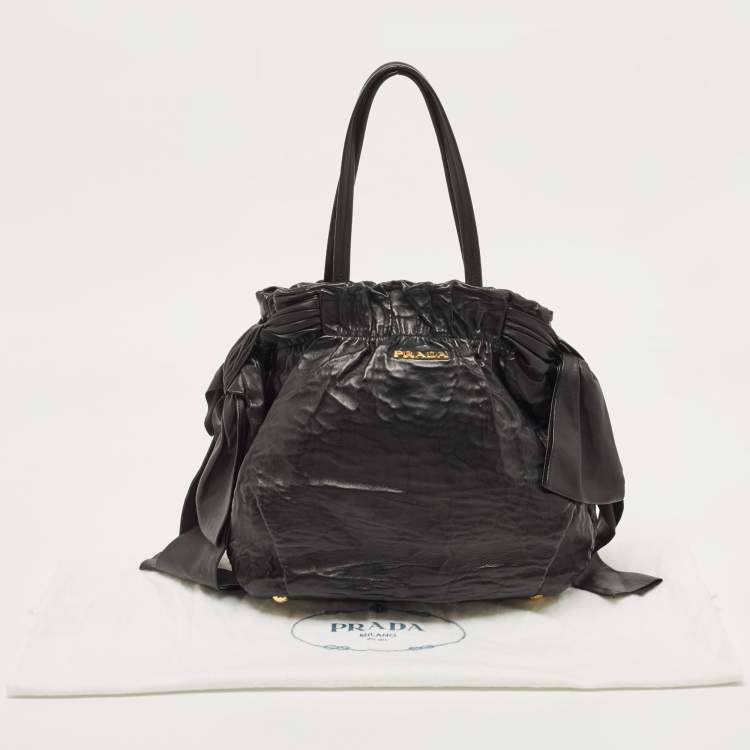 Pre Owned Prada Black Antique Leather Bow Tote
