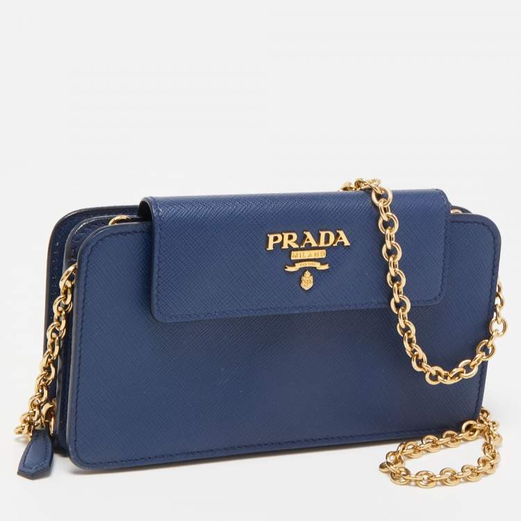 Pre Owned Prada Blue Saffiano Leather Metal Oral Phone Wallet On Chain