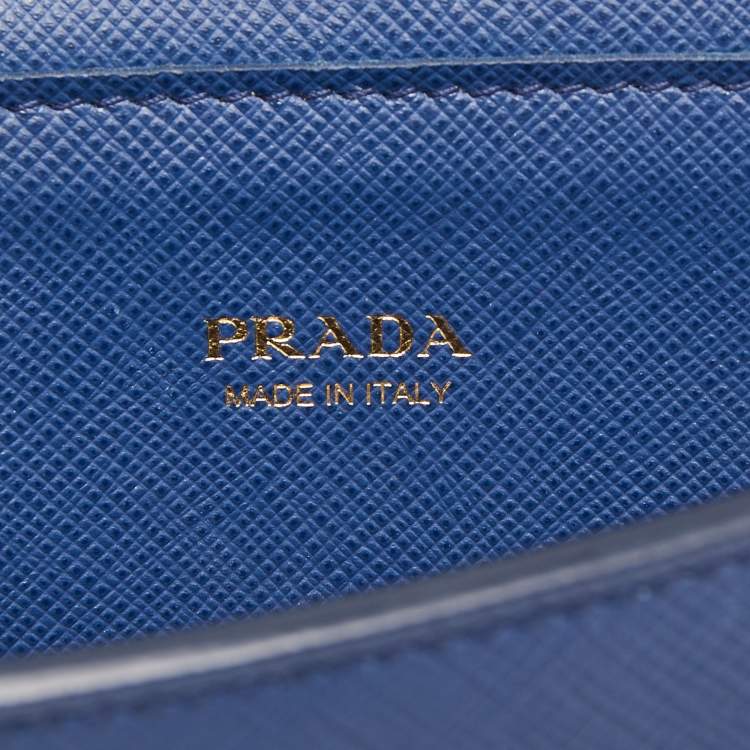 Pre Owned Prada Blue Saffiano Leather Metal Oral Phone Wallet On Chain