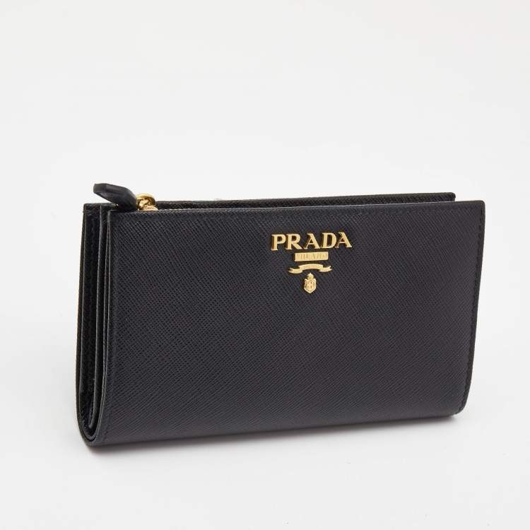 Pre Owned Prada Black Saffiano Metal Leather Middle Zip Wallet
