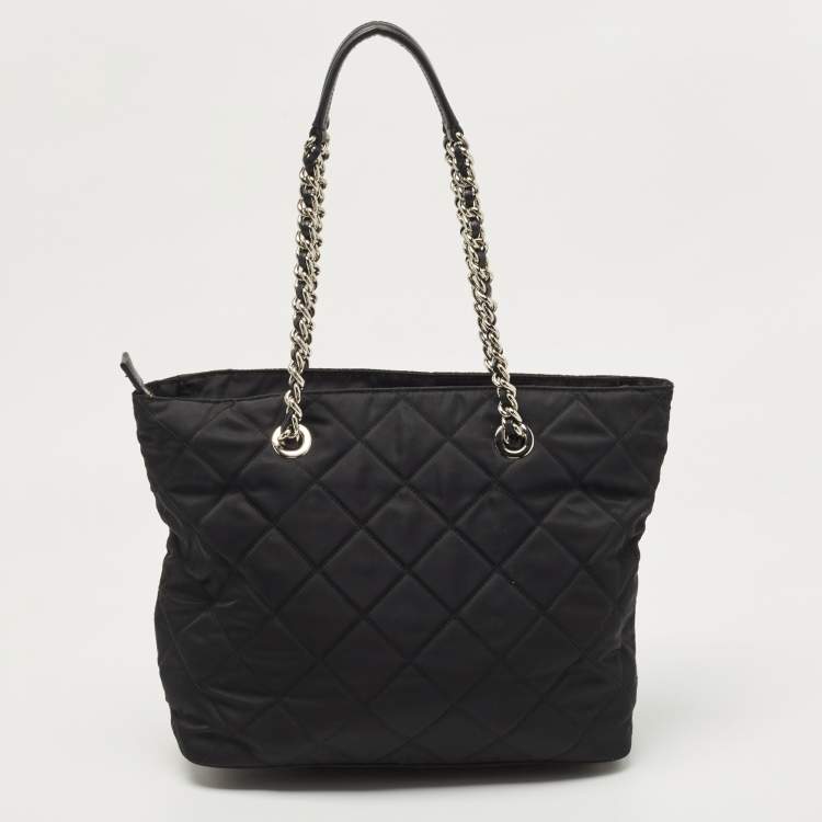 Pre Owned Prada Black Quilted Tessuto Impuntu Chain Tote