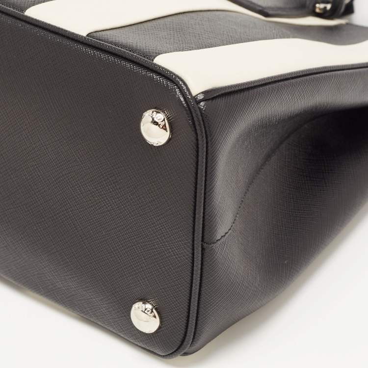 Pre Owned Prada Black/White Saffiano Leather Small Stripe Double Zip Tote