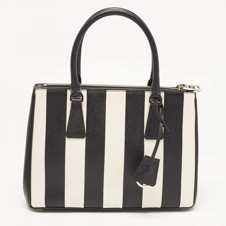 Pre Owned Prada Black/White Saffiano Leather Small Stripe Double Zip Tote