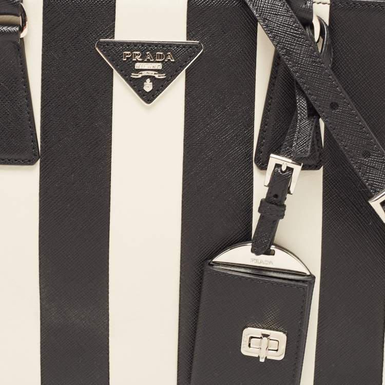 Pre Owned Prada Black/White Saffiano Leather Small Stripe Double Zip Tote