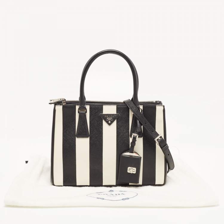 Pre Owned Prada Black/White Saffiano Leather Small Stripe Double Zip Tote