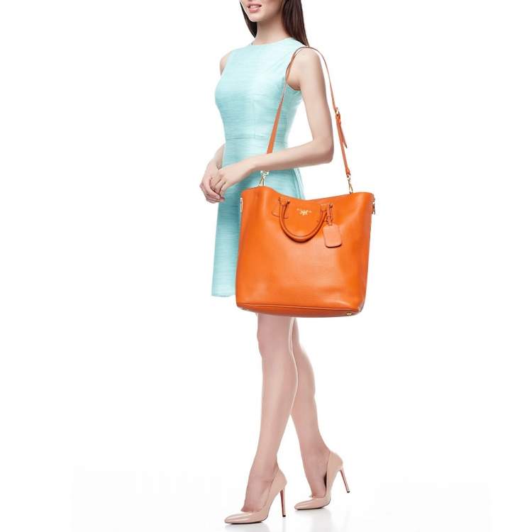 Pre Owned Prada Orange Vitello Daino Leather Large Shopping Tote