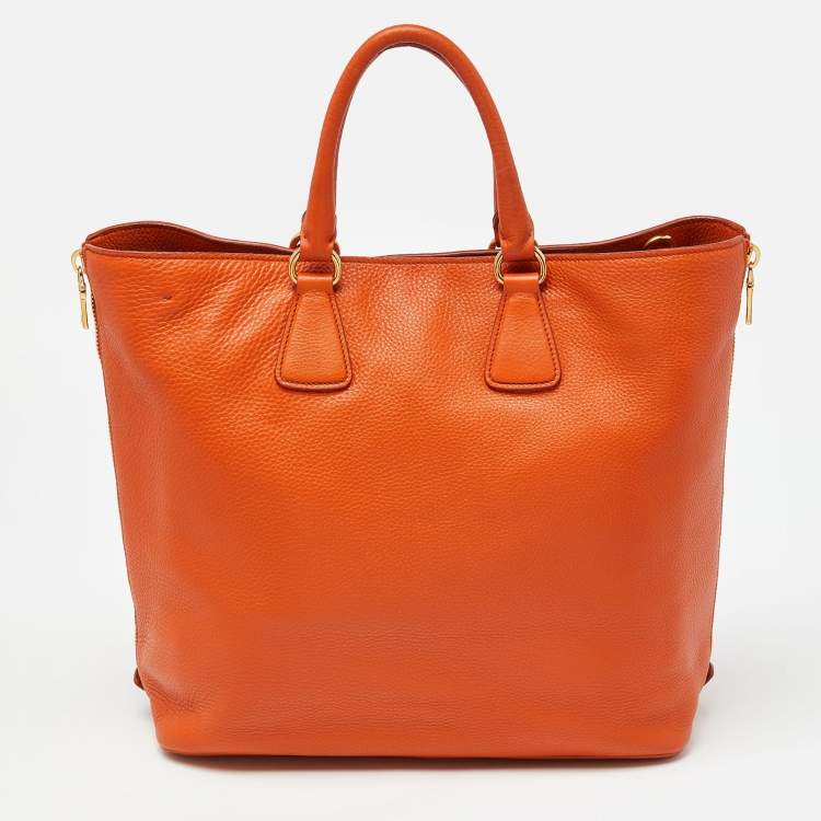 Pre Owned Prada Orange Vitello Daino Leather Large Shopping Tote