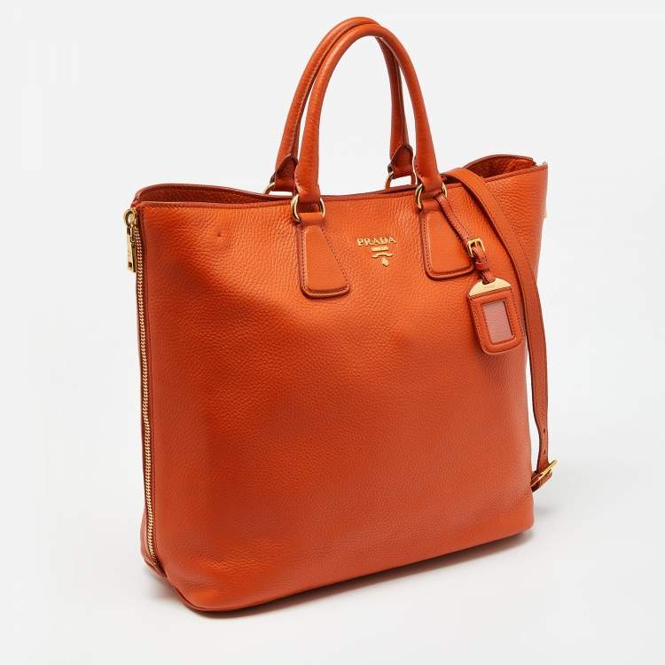 Pre Owned Prada Orange Vitello Daino Leather Large Shopping Tote