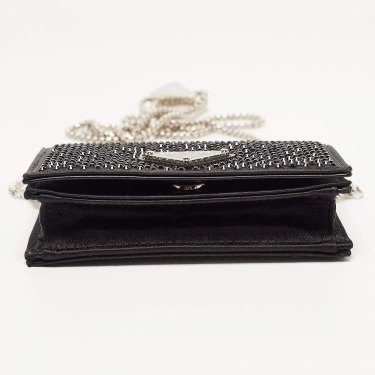 Pre Owned Prada Black Satin Crystals Embellished Triangular Logo Card Case with Chain 