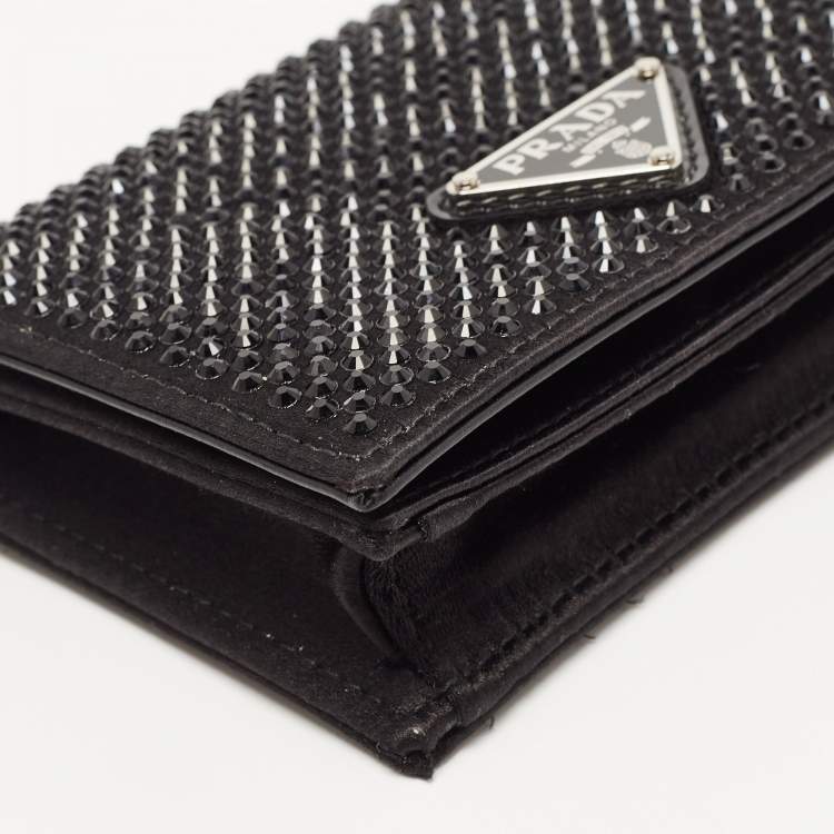 Pre Owned Prada Black Satin Crystals Embellished Triangular Logo Card Case with Chain 