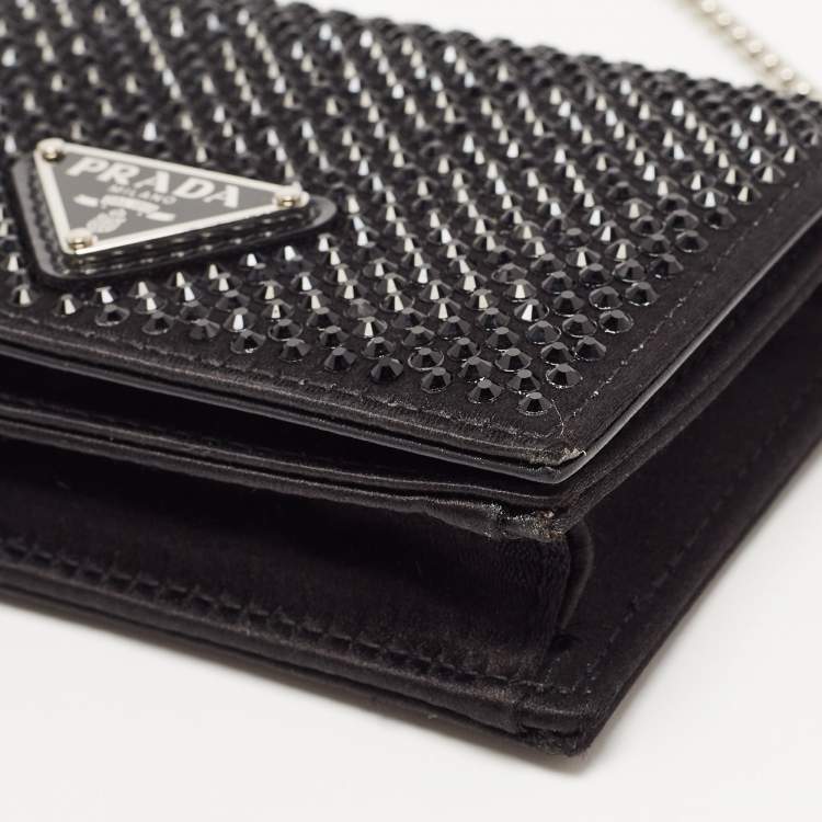 Pre Owned Prada Black Satin Crystals Embellished Triangular Logo Card Case with Chain 