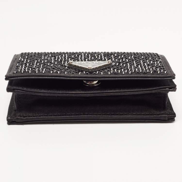 Pre Owned Prada Black Satin Crystals Embellished Triangular Logo Card Case with Chain 