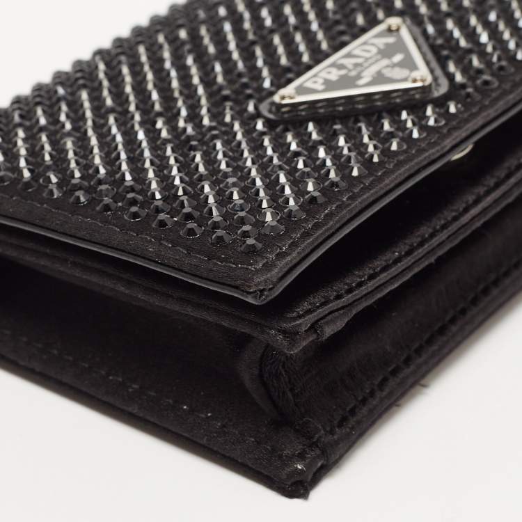 Pre Owned Prada Black Satin Crystals Embellished Triangular Logo Card Case with Chain 