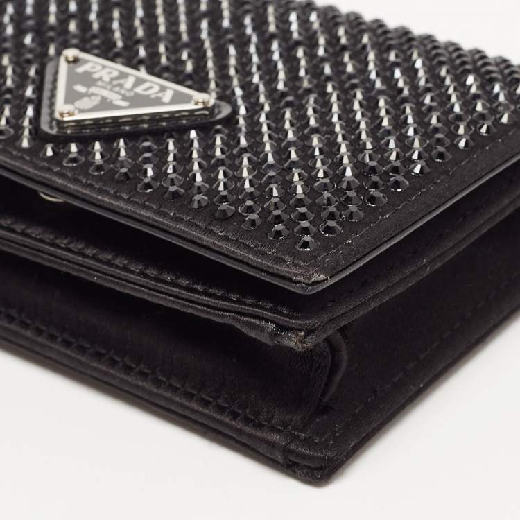 Pre Owned Prada Black Satin Crystals Embellished Triangular Logo Card Case with Chain 