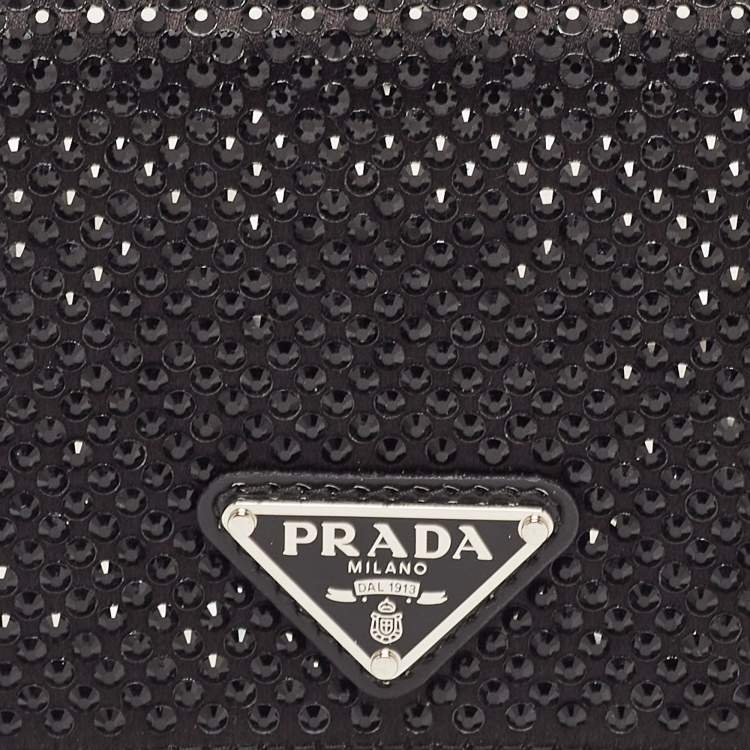Pre Owned Prada Black Satin Crystals Embellished Triangular Logo Card Case with Chain 