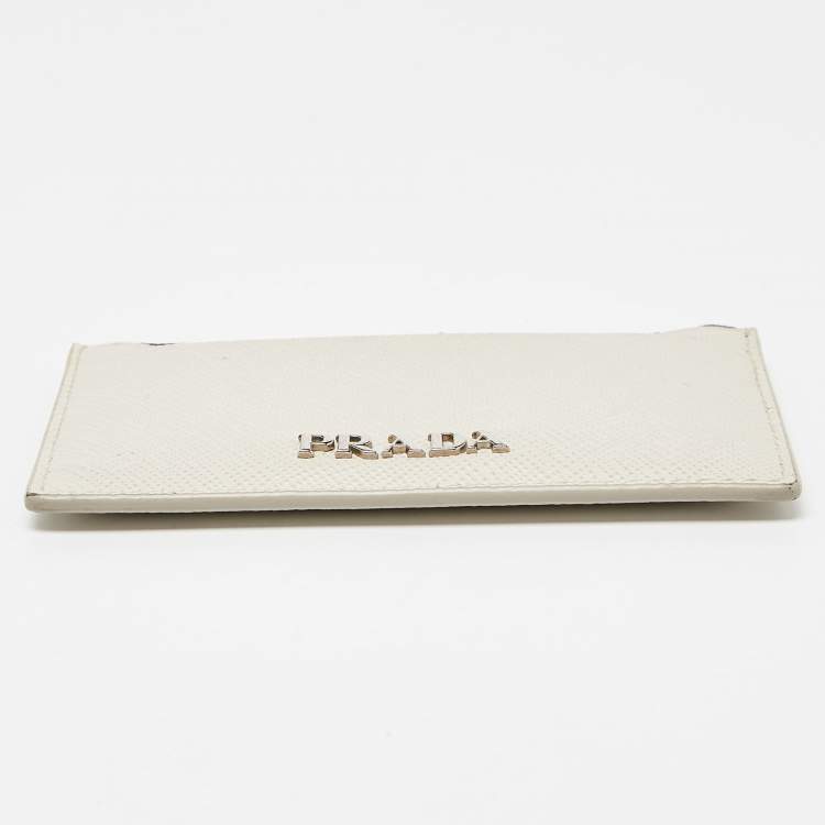 Pre Owned Prada Off White/Black Saffiano Leather Card Holder